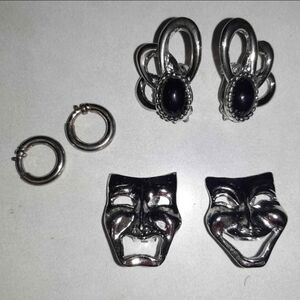 Vintage 3 Pairs Theatre, Black Stone and Silver Tone Hoops Clip on Earrings